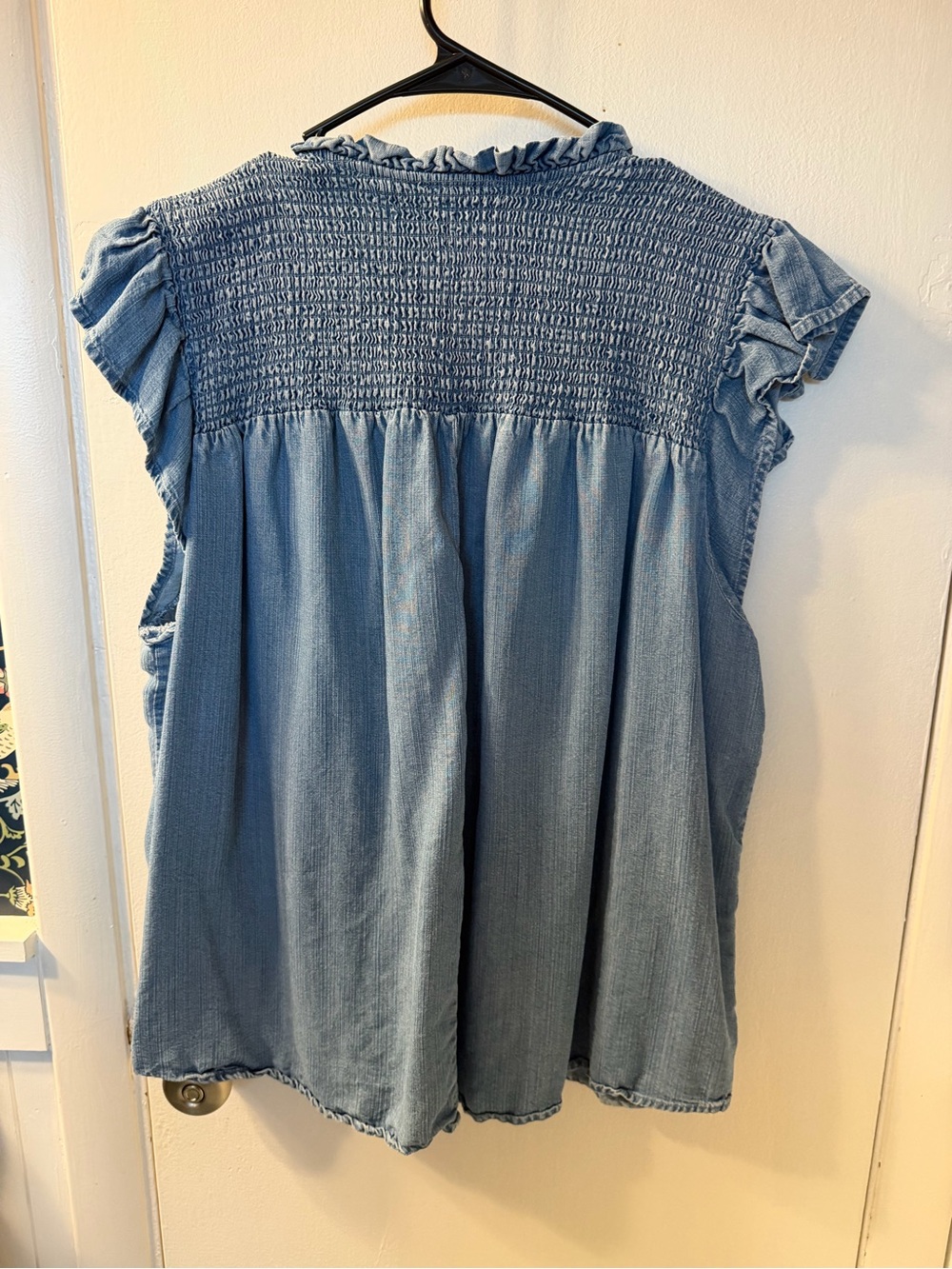 For The Republic Light Blue Smocked Ruffle Cap Sleeve Top